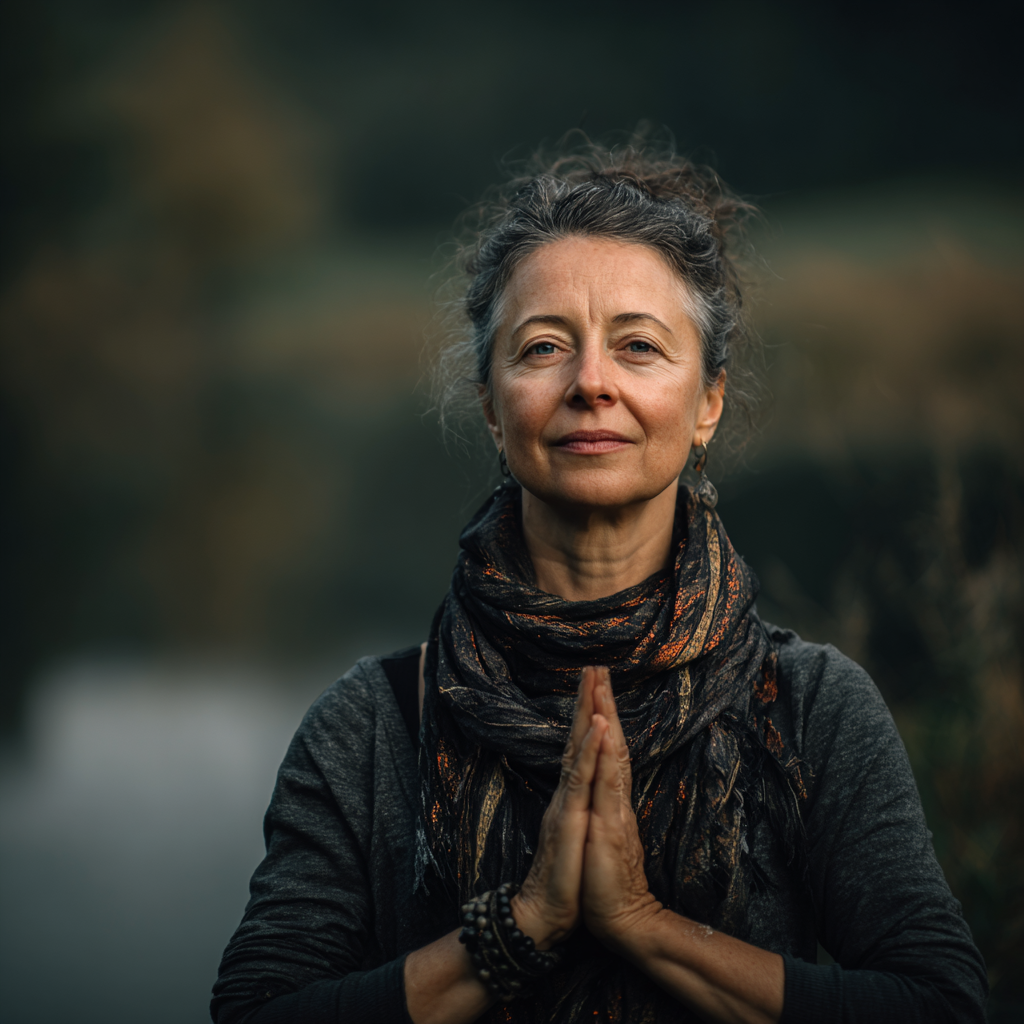 Smiling middle-aged Slovak woman in comfortable yoga attire sitting cross-legged in a peaceful outdoor setting with soft morning light